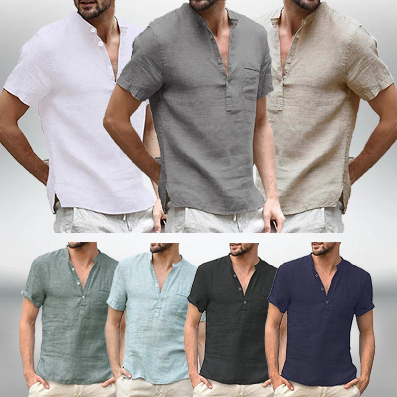 New Cotton Linen Casual Shirts for Men Basic Classic White Shirt   Male Short Sleeve Stand Collar Breathable Men’s Shirts